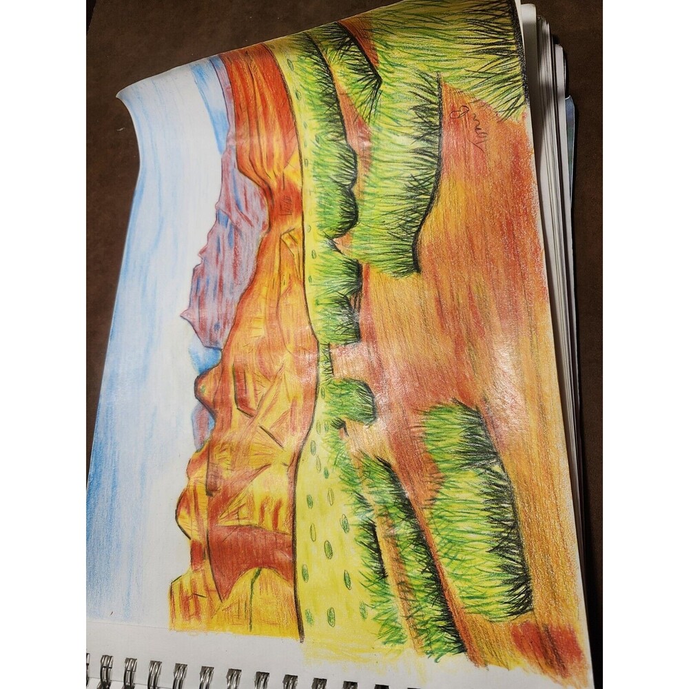 Hand Crafted Dessert Mountain Landscape Colored Pencil Drawing Framed 9x11" - Picture 16 of 16